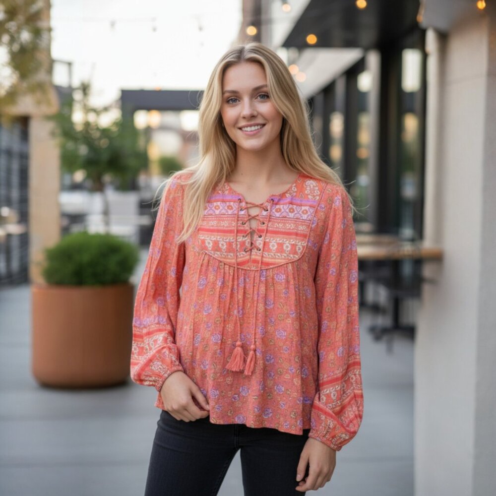Lucky Brand Boho Peasant Top Orange Floral Embroidered Lace-Up Tassel Blouse